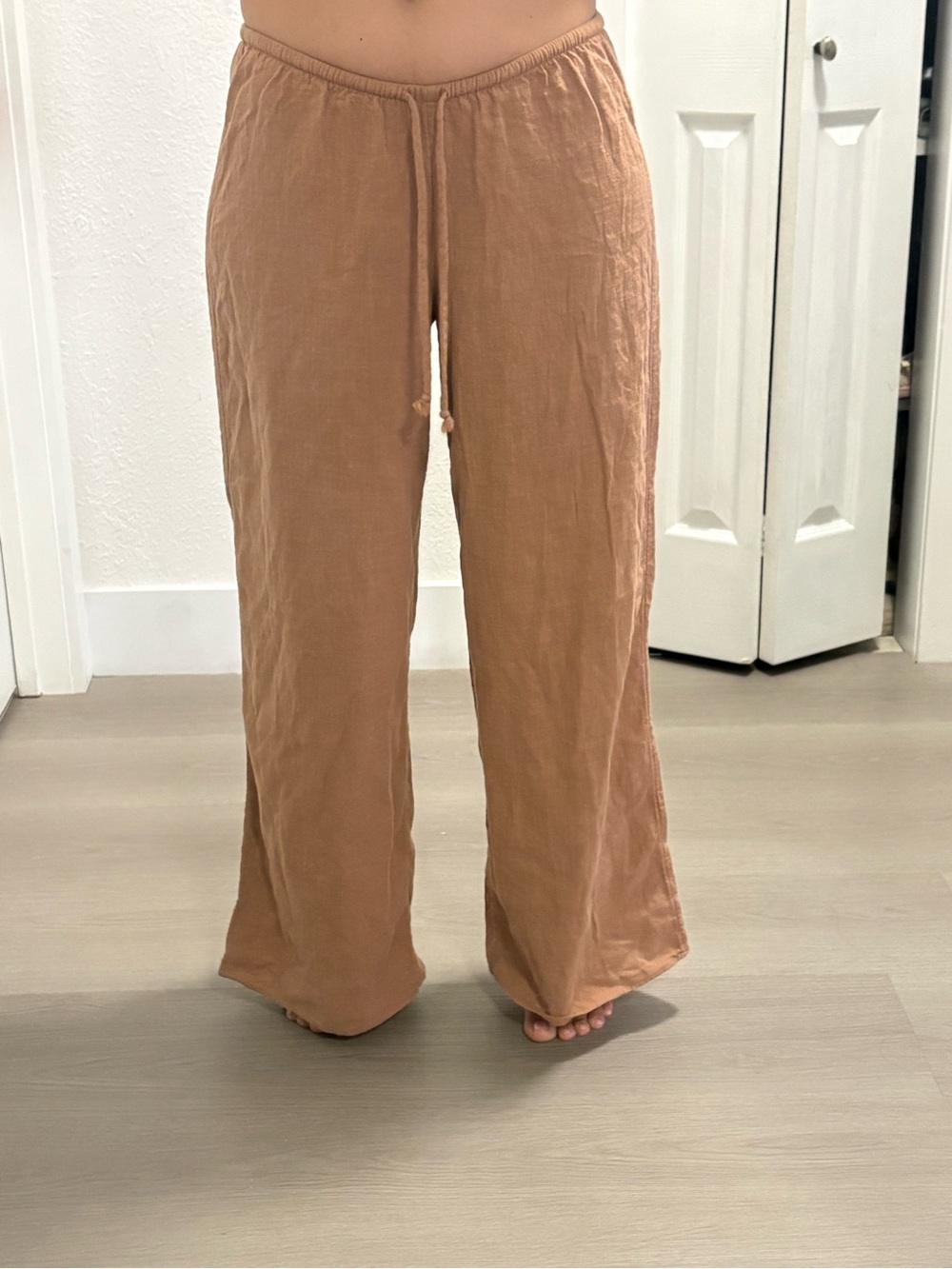 Shade & Shore Wide Leg Linen-Blend Pants in Camel Brown